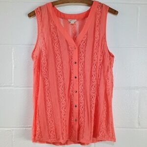 Cato Stretch Tank Sheer Lace Top Built-in Tank Top Coral Orange Sleeveless LARGE